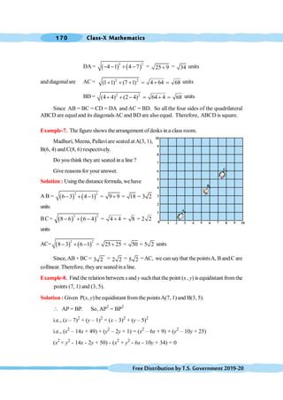 Class-X Mathematics
170
FreeDistributionbyT.S.Government2019-20
DA = ( ) ( )
2 2
4 1 4 7
- - + - = 25 9
+ = 34 units
and diagonalare AC = 2 2
(1 1) (7 1) 4 64 68
+ + + = + = units
BD = 2 2
(4 4) (2 4) 64 4 68
+ + - = + = units
Since AB = BC = CD = DA and AC = BD. So all the four sides of the quadrilateral
ABCD are equaland its diagonalsAC and BD are also equal. Therefore, ABCD is square.
Example-7. The figure shows the arrangement ofdesks ina class room.
Madhuri, Meena, Pallaviare seated atA(3, 1),
B(6, 4) and C(8, 6) respectively.
Do you think theyare seated in a line ?
Give reasons for your answer.
Solution : Using the distance formula, we have
A B = ( ) ( )
2 2
6 3 4 1 = 9 9 = 18 = 3 2
- + - +
units
BC= ( ) ( )
2 2
8 6 6 4 = 4 4 = 8 = 2 2
- + - +
units
AC= ( ) ( )
2 2
8 3 6 1 = 25 25 = 50 = 5 2
- + - + units
Since,AB + BC = 3 2 = 2 2 = 5 2 =AC, we can saythat the pointsA, B and C are
collinear. Therefore, they are seated ina line.
Example-8. Find the relation between xand y such that the point (x , y) is equidistant fromthe
points (7, 1) and (3, 5).
Solution : Given P(x, y) be equidistant from the pointsA(7, 1) and B(3, 5).
 AP = BP. So, AP2
= BP2
i.e., (x – 7)2
+ (y – 1)2
= (x – 3)2
+ (y – 5)2
i.e., (x2
– 14x + 49) + (y2
– 2y + 1) = (x2
– 6x + 9) + (y2
– 10y + 25)
(x2
+ y2
- 14x - 2y + 50) - (x2
+ y2
- 6x - 10y + 34) = 0
1 2 3 4 5 6 7 8 9 10
10
9
8
7
6
5
4
3
2
1
A
B
C
0
 