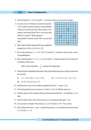 Class-X Mathematics
172
FreeDistributionbyT.S.Government2019-20
4. Check whether (5, -2), (6, 4) and (7, -2) are the vertices of anisosceles triangle.
5. In a class room, 4 friends are seated at the points
A, B,C and D asshownin Figure. Jarinaand Phani
walk into the class and after observing for a few
minutes Jarina asks Phani“Don’t you notice that
ABCD is a square?” Phanidisagrees.
Using distance formula, decide who is correct and
why?
6. Show that the following points forman equilateral
triangleA(a, 0), B(-a, 0), C(0, a 3 )
7. Prove that the points (-7, -3), (5, 10), (15, 8) and (3, -5) takenin order are the corners
ofa parallelogram.
8. Show that the points (-4, -7), (-1, 2), (8, 5) and (5, -4) taken in order are the vertices of
a rhombus. Find its area.
(Hint :Area ofrhombus =
1
2
´ product ofits diagonals)
9. Name the type ofquadrilateralformed, ifany, bythe following points, and give reasons for
your answer.
(i) (-1, -2), (1, 0), (-1, 2), (-3, 0) (ii) (-3, 5), (3, 1), (1, -3), (-5, 1)
(iii) (4, 5), (7, 6), (4, 3), (1, 2)
10. Find the point on the X-axis which is equidistant from(2, -5) and (-2, 9).
11. Ifthe distance between two points (x, 7) and (1, 15) is 10, find the value of x.
12. Find thevaluesofyfor whichthedistance betweenthepoints P(2, -3) and Q(10, y) is 10
units.
13. Find the radius ofthe circle whose centre is (3, 2) and passes through (-5, 6).
14. Canyou draw a triangle with vertices (1, 5), (5, 8) and (13, 14) ? Give reason.
15. Find a relation between x and y such that the point (x, y) is equidistant fromthe points
(-2, 8) and (-3, -5)
1 2 3 4 5 6 7 8 9 10
10
9
8
7
6
5
4
3
2
1
A
B
C
D
 