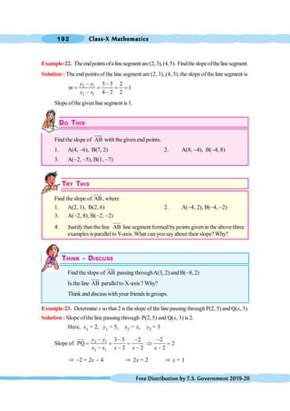 Class-X Mathematics
192
FreeDistributionbyT.S.Government2019-20
Example-22. Theendpointsofalinesegment are(2,3),(4,5). Findtheslopeofthelinesegment.
Solution : The end points ofthe line segment are (2, 3), (4, 5), the slope of the line segment is
2 1
2 1
5 3 2
1
4 2 2
- -
= = = =
- -
y y
m
x x
Slope ofthe givenline segment is 1.
DO THIS
Find the slope of AB with the given end points.
1. A(4, -6), B(7, 2) 2. A(8, -4), B(-4, 8)
3. A(-2, -5), B(1, -7)
TRY THIS
Find the slope of AB
suu
r
, where
1. A(2, 1), B(2, 6) 2. A(-4, 2), B(-4, -2)
3. A(-2, 8), B(-2, -2)
4. Justify that the line AB
suu
r
line segment formed bypoints given in the above three
examples isparallelto Y-axis. What can you say about their slope?Why?
THINK - DISCUSS
Find the slope of AB
suu
r
passing throughA(3, 2) and B(-8, 2)
Is the line AB
suu
r
parallelto X-axis? Why?
Think and discuss with your friends ingroups.
Example-23. Determine x so that 2 is the slope of the line passing throughP(2, 5) and Q(x,3).
Solution : Slope ofthe line passing through P(2, 5) and Q(x, 3) is 2.
Here, x1 = 2, y1 = 5, x2 = x, y2 = 3
Slope of 2 1
2 1
3 5 2 2
PQ 2
2 2 2
- - - -
= = = Þ =
- - - -
y y
x x x x x
Þ -2 = 2x - 4 Þ 2x = 2 Þ x = 1
 