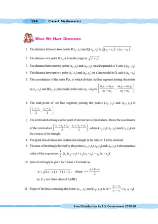 Class-X Mathematics
194
FreeDistributionbyT.S.Government2019-20
WHAT WE HAVE DISCUSSED
1. The distance between two points P(x1, y1) and Q(x2, y2) is ( ) ( )
2 2
2 1 2 1
x x y y
- + - .
2. The distance ofa point P(x, y) fromthe origin is 2 2
x y
+ .
3. The distance between two points (x1, y1)and(x1, y2) ona lineparalleltoY-axis is |y2 - y1|.
4. The distance between two point (x1, y1) and (x2, y1) on a line parallelto X-axis is |x2 - x1|.
5. The coordinates of the point P(x, y) which divides the line segment joining the points
A (x1, y1) and B(x2, y2) internally in the ratio m1 : m2 are
1 2 2 1 1 2 2 1
1 2 1 2
,
m x m x m y m y
m m m m
é ù
+ +
ê ú
+ +
ë û
.
6. The mid-point of the line segment joining the points (x1, y1) and (x2, y2) is
1 2 1 2
,
2 2
x x y y
+ +
æ ö
ç ÷
è ø
.
7. The centroid ofa triangle isthe point of intersectionofits medians. Hencethe coordinates
of the centroid are
1 2 3 1 2 3
,
3 3
x x x y y y
+ + + +
æ ö
ç ÷
è ø
, where (x1, y1) (x2, y2) and (x3, y3) are
the verticesofthe triangle.
8. The point that divides each median ofa trianglein the ratio 2 : 1 is the centroid.
9. The area ofthe triangle formed bythe points (x1, y1), (x2, y2) and (x3, y3) isthe numerical
value of the expression
1
2
|x1 (y2 - y3) + x2 (y3 - y1) + x3 (y1 - y2)|
10. Area of a triangle is given by‘Heron’s Formula’as
A ( )( )( )
s s a s b s c
= - - - , where
2
a b c
s
+ +
=
(a, b, c are three sides of DABC)
11. Slope of the line containing the points (x1, y1) and (x2, y2) is m =
2 1
2 1
y y
x x
-
- ( x1 ¹ x2)
 