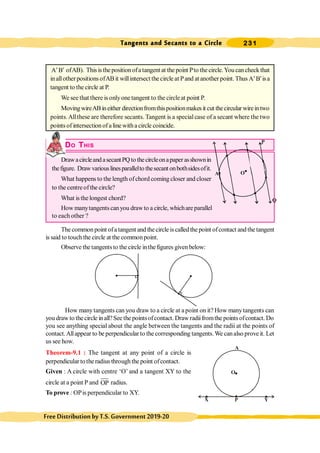 Tangents and Secants to a Circle 231
FreeDistributionbyT.S.Government2019-20
A B
¢ ¢ ofAB). Thisisthepositionofatangentat thepoint Pto thecircle.Youcancheckthat
inallotherpositionsofABit willintersectthecircleat Pand atanother point.Thus A B
¢ ¢isa
tangent to the circle at P.
We see that there is onlyone tangent to the circleat point P.
MovingwireABineither directionfromthispositionmakesit cut thecircular wireintwo
points.Allthese are therefore secants. Tangent is a specialcase of a secant where the two
points of intersectionof a line witha circle coincide.
DO THIS
DrawacircleandasecantPQto thecircleonapaperasshownin
thefigure. Drawvariouslinesparallelto thesecant onbothsidesofit.
What happens to the length ofchord coming closer and closer
to the centreofthe circle?
What is the longest chord?
How manytangents canyou drawto a circle, whichare parallel
to each other ?
The common point ofa tangent and the circle is called the point ofcontact and the tangent
is said to touch the circle at the commonpoint.
Observe the tangentsto the circle inthefigures givenbelow:
How manytangents can you draw to a circle at apoint on it? How manytangents can
you draw to the circle inall?See the pointsofcontact. Draw radiifromthe pointsofcontact. Do
you see anything special about the angle between the tangents and the radii at the points of
contact.Allappear to be perpendicularto the corresponding tangents.We canalso prove it. Let
us see how.
Theorem-9.1 : The tangent at any point of a circle is
perpendicular to the radius through the point ofcontact.
Given : A circle with centre ‘O’ and a tangent XY to the
circle at a point P and OP radius.
To prove : OPis perpendicular to XY.
O
Y
A
P
A
P
Q
O
 