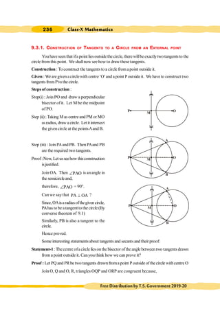 Class-X Mathematics
236
FreeDistributionbyT.S.Government2019-20
9.3.1. CONSTRUCTION OF TANGENTS TO A CIRCLE FROM AN EXTERNAL POINT
Youhaveseenthatifapointliesoutsidethecircle,therewillbeexactlytwo tangentsto the
circle fromthis point. We shallnow see how to draw these tangents.
Construction : To construct the tangents to a circle fromapoint outside it.
Given : Weare given a circlewith centre ‘O’and a point P outside it. We haveto construct two
tangents fromP to the circle.
Steps of construction :
Step(i) : Join PO and draw a perpendicular
bisector of it. Let M be the midpoint
of PO.
Step (ii) :Taking Mascentre andPMor MO
asradius,drawacircle. Let it intersect
the givencircle at the pointsAand B.
Step (iii) : Join PAand PB. Then PAand PB
are the required two tangents.
Proof:Now, Let usseehow thisconstruction
isjustified.
Join OA. Then PAO
Ð is an angle in
the semicircle and,
therefore, PAO
Ð = 90°.
Can we say that PA OA
^ ?
Since,OAisaradiusofthegivencircle,
PAhas to be a tangent to the circle (By
converse theoremof 9.1)
Similarly, PB is also a tangent to the
circle.
Hence proved.
Some interesting statementsabout tangents and secantsand their proof:
Statement-1:Thecentre ofacircleliesonthebisectoroftheanglebetweentwo tangentsdrawn
froma point outside it. Canyou think how we can prove it?
Proof : Let PQ and PR be two tangents drawn froma point P outsideofthe circle withcentre O
Join O, Q and O, R, triangles OQP and ORP are congruent because,
P
M
O
P
M
O
A
B
P
M
O
A
B
 