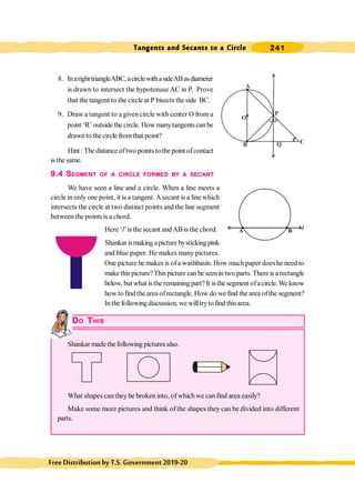 Tangents and Secants to a Circle 241
FreeDistributionbyT.S.Government2019-20
8. InarighttriangleABC,acirclewithasideABasdiameter
is drawn to intersect the hypotenuse AC in P. Prove
that the tangent to the circle at P bisects the side BC.
9. Draw a tangent to a givencircle with center O from a
point ‘R’ outside the circle. How manytangents canbe
drawnto thecircle fromthat point?
Hint :The distance oftwo points to the point ofcontact
is the same.
9.4 SEGMENT OF A CIRCLE FORMED BY A SECANT
We have seen a line and a circle. When a line meets a
circle in only one point, it is a tangent. Asecant is a line which
intersects the circle at two distinct points and the line segment
between the points is a chord.
Here ‘l’is the secant andAB is the chord.
Shankar ismaking apicture bysticking pink
and blue paper. He makes many pictures.
One picture he makes is ofa washbasin. How much paper doeshe need to
make this picture?This picture can be seenin two parts. There is a rectangle
below, but what istheremainingpart?It isthesegment ofacircle.Weknow
how to find the area ofrectangle. How do we find the area ofthe segment?
Inthe followingdiscussion, we willtryto find thisarea.
DO THIS
Shankar made the following picturesalso.
What shapes cantheybe broken into, of which we canfind area easily?
Make some more pictures and think of the shapes they can be divided into different
parts.
A B l
O
A
B Q C
P
 