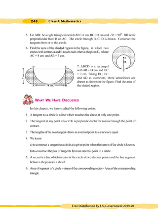 Class-X Mathematics
248
FreeDistributionbyT.S.Government2019-20
5. Let ABC be a right triangle in whichAB = 6 cm, BC = 8 cm and B
Ð = 900
. BD is the
perpendicular from B on AC. The circle through B, C, D is drawn. Construct the
tangents fromAto this circle.
6. Find the area of the shaded region in the figure, in which two
circleswithcentresAandB toucheachother at thepointC, where
AC = 8 cm and AB = 3 cm.
7. ABCD is a rectangel
withAB = 14 cm and BC
= 7 cm. Taking DC, BC
and AD as diameters, three semicircles are
drawn as shown in the figure. Find the area of
the shaded region.
WHAT WE HAVE DISCUSSED
In this chapter, we have studied the following points.
1. A tangent to a circle is a line which touches the circle at only one point.
2. The tangent at any point of a circle is perpendicular to the radius through the point of
contact.
3. The lengthsofthe two tangentsfroman externalpoint to acircle are equal.
4. We learnt
a) to construct a tangent to a circle at agiven point when the centre ofthe circle is known.
b) to construct the pair oftangents froman externalpoint to a circle.
5. A secant is a line which intersects the circle at two distinct points and the line segment
between the points is a chord.
6. Area ofsegment ofacircle=Area ofthecorresponding sector -Areaofthe corresponding
triangle.
A
B
C
D
A B
C
14 cm.
 