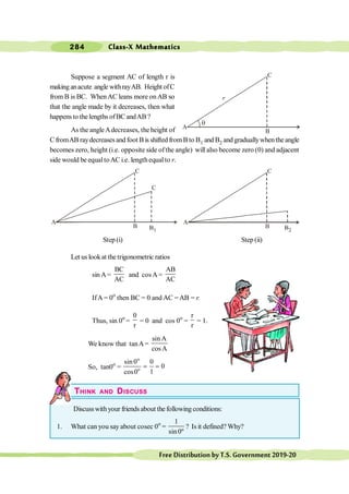 Class-X Mathematics
284
FreeDistributionbyT.S.Government2019-20
Suppose a segment AC of length r is
making anacute angle withrayAB. Height ofC
from B is BC. WhenAC leans more onAB so
that the angle made by it decreases, then what
happens to the lengths ofBC andAB ?
As the angleAdecreases, the height of
C fromAB raydecreasesand foot B is shiftedfromB to B1 and B2 and graduallywhenthe angle
becomes zero, height (i.e. opposite side ofthe angle) will also become zero (0) and adjacent
side would be equaltoAC i.e. lengthequalto r.
Let us lookat the trigonometric ratios
sin A=
BC
AC
and cos A =
AB
AC
IfA = 0o
then BC = 0 and AC = AB = r.
Thus, sin 0o
=
0
r
= 0 and cos 0o
=
r
r
= 1.
We know that tanA=
sin A
cosA
So, tan0o
=
o
o
sin0 0
0
1
cos0
= =
THINK AND DISCUSS
Discusswithyour friends about the following conditions:
1. What can you say about cosec 0o
=
1
sin0º
? Is it defined? Why?
C
A
B
r
q
C
A
B
C
A
B
C
Step (i) Step (ii)
 