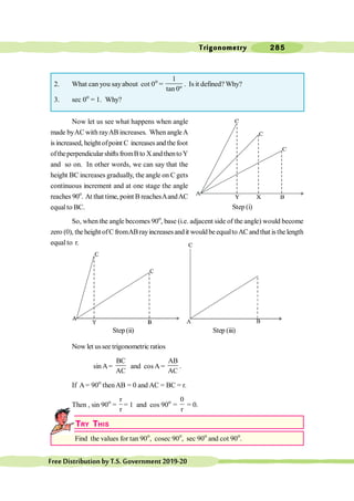 Trigonometry 285
FreeDistributionbyT.S.Government2019-20
Step (i)
Step (ii) Step (iii)
2. What can you sayabout cot 0o
=
1
tan 0º
. Is it defined? Why?
3. sec 0o
= 1. Why?
Now let us see what happens when angle
made byAC with rayAB increases. When angleA
is increased, height ofpoint C increases and the foot
oftheperpendicularshiftsfromBto XandthentoY
and so on. In other words, we can say that the
height BC increases gradually, the angle on C gets
continuous increment and at one stage the angle
reaches 90o
. At that time, point B reachesAandAC
equalto BC.
So, when the angle becomes 90o
, base (i.e. adjacent side of the angle) would become
zero (0), theheight ofC fromABrayincreasesandit wouldbeequaltoACandthat isthelength
equalto r.
Now let ussee trigonometric ratios
sin A=
BC
AC
and cos A =
AB
AC
.
If A= 90o
thenAB = 0 and AC = BC = r.
Then , sin 90o
=
r
r
= 1 and cos 90o
=
0
r
= 0.
TRY THIS
Find the values for tan 90o
, cosec 90o
, sec 90o
and cot 90o
.
 