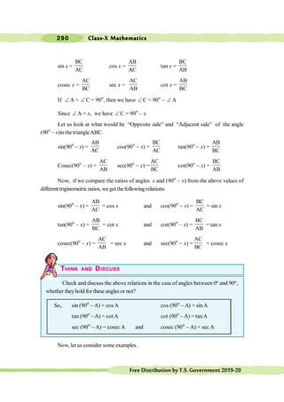 Class-X Mathematics
290
FreeDistributionbyT.S.Government2019-20
sin x =
BC
AC
cos x =
AB
AC
tan x =
BC
AB
cosec x =
AC
BC
sec x =
AC
AB
cot x =
AB
BC
If Ð A + Ð C = 90o
, then we have Ð C = 90o
- Ð A
Since Ð A = x, we have Ð C = 90o
- x
Let us look at what would be “Opposite side” and “Adjacent side” of the angle
(90o
- x)in the triangleABC.
sin(90o
- x) =
AB
AC
cos(90o
- x) =
BC
AC
tan(90o
- x) =
AB
BC
Cosec(90o
- x) =
AC
AB
sec(90o
- x) =
AC
BC
cot(90o
- x) =
BC
AB
Now, if we compare the ratios of angles x and (90o
- x) from the above values of
different triginometricratios, wegetthefollowingrelations:
sin(90o
- x) =
AB
AC
= cos x and cos(90o
- x) =
BC
AC
= sin x
tan(90o
- x) =
AB
BC
= cot x and cot(90o
- x) =
BC
AB
= tan x
cosec(90o
- x) =
AC
AB
= sec x and sec(90o
- x) =
AC
BC
= cosec x
THINK AND DISCUSS
Check and discuss the above relations in the case of angles between 0º and 90º,
whether theyhold for these angles or not?
So, sin (90o
- A) = cosA cos (90o
- A) = sinA
tan (90o
-A) = cot A cot (90o
-A) = tanA
sec (90o
- A) = cosec A and cosec (90o
- A) = sec A
Now, let us consider some examples.
 