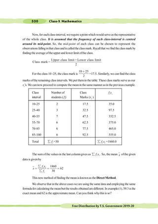 Class-X Mathematics
330
FreeDistributionbyT.S.Government2019-20
Now, for eachclass-interval, we require apoint which would serve as the representative
of the whole class. It is assumed that the frequency of each class-interval is centred
around its mid-point. So, the mid-point of each class can be chosen to represent the
observations falling inthat class and iscalled the class mark. Recallthat we find the class mark by
finding the average of the upper and lower limit ofthe class.
Upper class limit + Lower class limit
Class mark =
2
For the class 10 -25, the class mark is
10 25
2
∗
=17.5. Similarly, we can find the class
marks ofthe remaining class intervals. We put theminthe table.These class marks serve as our
xi
’s. We cannow proceed to compute the mean in thesame manner as inthe previous example.
Class Number of Class fi
xi
interval students ( fi
) Marks (xi
)
10-25 2 17.5 35.0
25-40 3 32.5 97.5
40-55 7 47.5 332.5
55-70 6 62.5 375.0
70-85 6 77.5 465.0
85-100 6 92.5 555.0
Total i
f
å =30 i i
f x
å =1860.0
The sumofthe values in the last columngives us i i
f x
å . So, the mean x ofthe given
data is given by
1860
62
30
i i
i
f x
x
f
å
< < <
å
This new method of finding the mean is knownas the Direct Method.
We observe that in the above cases we are using the same data and employing the same
formula for calculating the meanbut the results obtained are different. In example (1), 59.3 is the
exact mean and 62 is the approximatemean. Can you think whythis is so?
 