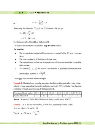 Class-X Mathematics
334
FreeDistributionbyT.S.Government2019-20
or
i i
i
f u
x a h
f
æ ö
å ÷
ç ÷
< ∗ ´
ç ÷
ç ÷
ç å
è ø
Substituting the values ofa, i i
f u
å hand i
f
å from the table, we get
29
47.5 15
30
x < ∗ ´
= 47.5 + 14.5 = 62
So, the mean marks obtained by a student are 62.
The method discussed above is called the Step-deviation method.
We note that:
l The step-deviation method will be convenient to apply if all the di’s have a common
factor.
l The mean obtained byallthe threemethods is same.
l The assumedmeanmethod and step-deviationmethod are just simplified forms ofthe
direct method.
l The formula x a hu
< ∗ still holds if a and h are not as given above, but are anynon-
zero numberssuchthat
i
i
x a
u
h
,
< .
Let us applythese methods inmore examples.
Example-2. The tablebelow gives the percentagedistribution of female teachers in the primary
schools of rural areas of various states and union territories (U.T.) of India. Find the mean
percentage offemale teachers using allthe three methods.
Percentage of female teachers 15-25 25-35 35 – 45 45-55 55-65 65-75 75– 85
Number of States/U.T. 6 11 7 4 4 2 1
Source : Seventh All India School Education Survey conducted by NCERT
Solution : Let us find the class marks xi of eachclass, and arrange themin a table.
Here, we take a = 50 and h = 10.
Then di = xi – 50 and ui =
50
10
i
x ,
.
 