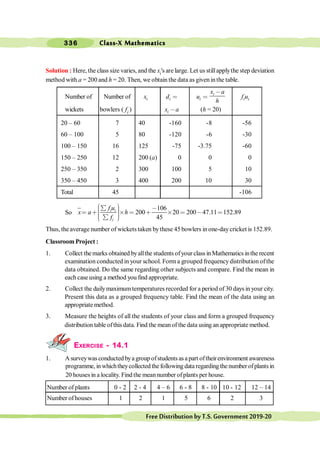 Class-X Mathematics
336
FreeDistributionbyT.S.Government2019-20
Solution : Here, the class size varies, and the xi's are large. Let us stillapplythe step deviation
method with a = 200 and h = 20. Then, we obtain the data as given inthe table.
Number of Number of i
x i
d < i
u <
i
x a
h
,
i i
f u
wickets bowlers ( fi ) i
x a
, (h = 20)
20 – 60 7 40 -160 -8 -56
60 – 100 5 80 -120 -6 -30
100 – 150 16 125 -75 -3.75 -60
150 – 250 12 200 (a) 0 0 0
250 – 350 2 300 100 5 10
350 – 450 3 400 200 10 30
Total 45 -106
So
106
200 20 200 47.11 152.89
45
i i
i
f u
x a h
f
æ ö
å ,
÷
ç ÷
< ∗ ´ < ∗ ´ < , <
ç ÷
ç ÷
ç å
è ø
Thus, the average number of wickets taken bythese 45bowlers in one-daycricket is 152.89.
Classroom Project :
1. Collect themarks obtained byallthe students ofyour class inMathematics inthe recent
examination conducted in your school. Forma grouped frequencydistribution ofthe
data obtained. Do the same regarding other subjects and compare. Find the mean in
each case using a method you find appropriate.
2. Collect the dailymaximumtemperatures recorded for a period of 30 days in your city.
Present this data as a grouped frequency table. Find the mean of the data using an
appropriate method.
3. Measure the heights of all the students of your class and form a grouped frequency
distribution table ofthis data. Find the mean ofthe data using anappropriate method.
EXERCISE - 14.1
1. A surveywas conducted bya group ofstudents asa part oftheirenvironment awareness
programme, in whichtheycollected the following data regarding the number ofplants in
20 housesin a locality. Find the mean number ofplants per house.
Number of plants 0 - 2 2 - 4 4 – 6 6 - 8 8 - 10 10 - 12 12 – 14
Number of houses 1 2 1 5 6 2 3
 