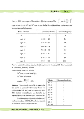 Statistics 343
FreeDistributionbyT.S.Government2019-20
Here n = 100, which is even. The median will be the average of the
2
th
n
æ ö
÷
ç ÷
ç ÷
ç
è ø
and the 1
2
th
n
æ ö
÷
ç ∗ ÷
ç ÷
ç
è ø
observations, i.e., the 50
th
and 51
st
observations. To find the positionofthesemiddle values, we
construct cumulativefrequency.
Marks obtained Number of students Cumulativefrequency
20 6 6
upto 25 6 + 20 = 26 26
upto 28 26 + 24 = 50 50
upto 29 50 + 28 = 78 78
upto 33 78 + 15 = 93 93
upto 38 93 + 4 = 97 97
upto 42 97 + 2 = 99 99
upto 43 99 + 1 = 100 100
Now we add another column depicting this information to the frequencytable above andname it
as cumulative frequency column.
From thetable above, we seethat :
50
th
observation is 28 (Why?)
51
st
observationis 29
Median =
28 29
28.5
2
∗
<
Remark: Column1and column 3 inthe above table
are known as Cumulative Frequency Table. The
medianmarks28.5conveystheinformationthatabout
50% students obtained marks less than 28.5 and
another50%studentsobtainedmarksmorethan28.5.
Consider a grouped frequencydistribution of
marksobtained, outof100, by53students,inacertain
examination, as shownin adjacent table.
Marks Number of students
0-10 5
10-20 3
20-30 4
30-40 3
40-50 3
50-60 4
60-70 7
70-80 9
80-90 7
90-100 8
 
