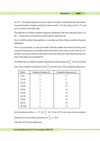 Statistics 345
FreeDistributionbyT.S.Government2019-20
are 53-5 =48 students getting morethanor equalto 10 marks. Continuing inthe same manner,
we get the number ofstudents scoring 20 or above as 48-3 = 45, 30or above as 45-4= 41, and
so on, as shown in the table aside.
This tableabove is called a cumulative frequencydistribution ofthe more thantype. Here 0, 10,
20, ..., 90 give the lower boundaries ofthe respective class intervals.
Now, to find the medianofgrouped data, we can make use ofany ofthese cumulative frequency
distributions.
Now in a grouped data, we may not be able to find the middle observation by looking at the
cumulative frequencies as the middle observation will be some value in a class interval. It is,
therefore, necessaryto find the value inside a class that divides the whole distributioninto two
halves. But which class should this be?
To find thisclass, we find the cumulative frequencies of allthe classes and
2
n
.Wenow locate the
class whose cumulativefrequencyexceeds
2
n
for the first time. Thisiscalled the medianclass.
Marks Number ofstudents (f) Cumulative frequency(cf)
0-10 5 5
10-20 3 8
20-30 4 12
30-40 3 15
40-50 3 18
50-60 4 22
60-70 7 29
70-80 9 38
80-90 7 45
90-100 8 53
In the distribution above, n = 53. So
2
n
= 26.5. Now 60-70 is the class whose cumulative
frequency29 is greater than (and nearest to)
2
n
, i.e., 26.5.
Therefore, 60-70 is the median class.
 