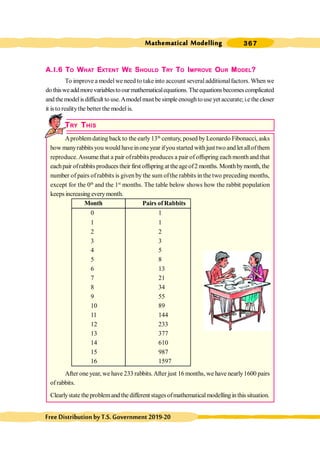 Mathematical Modelling 367
FreeDistributionbyT.S.Government2019-20
A.I.6 TO WHAT EXTENT WE SHOULD TRY TO IMPROVE OUR MODEL?
To improve a modelwe need to take into account severaladditionalfactors. When we
do thisweaddmorevariablestoour mathematicalequations. Theequationsbecomescomplicated
andthemodelisdifficult touse.Amodelmustbesimpleenoughtouseyet accurate;i.ethecloser
it is to realitythe betterthe modelis.
TRY THIS
Aproblemdating back to the early13th
century, posed by Leonardo Fibonacci, asks
how manyrabbitsyou would haveinone year ifyou started with just two and let allofthem
reproduce.Assume that a pair ofrabbits produces a pair of offspring each month and that
eachpair ofrabbits produces their first offspring at theageof2months. Monthbymonth, the
number of pairs ofrabbits is given by the sum ofthe rabbits in the two preceding months,
except for the 0th
and the 1st
months. The table below shows how the rabbit population
keeps increasing everymonth.
Month Pairs of Rabbits
0 1
1 1
2 2
3 3
4 5
5 8
6 13
7 21
8 34
9 55
10 89
11 144
12 233
13 377
14 610
15 987
16 1597
After one year, we have 233 rabbits.After just 16 months, we have nearly1600 pairs
of rabbits.
Clearlystate theproblemand the different stages ofmathematicalmodellinginthis situation.
 