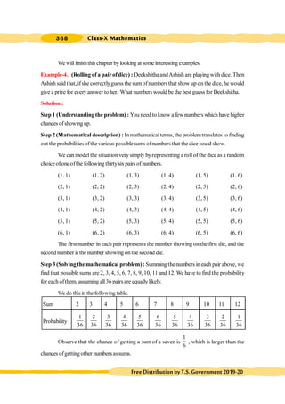 Class-X Mathematics
368
FreeDistributionbyT.S.Government2019-20
We willfinishthis chapter bylooking at some interesting examples.
Example-4. (Rolling of a pairof dice) : Deekshitha andAshish are playing with dice. Then
Ashish said that, ifshe correctlyguess the sumofnumbers that show up on the dice, he would
give a prize for everyanswer to her. What numbers would be the best guess for Deekshitha.
Solution :
Step 1 (Understanding the problem) : You need to know a few numbers which have higher
chances ofshowing up.
Step 2(Mathematical description) : Inmathematicalterms, the problemtranslates to finding
out the probabilitiesofthe various possible sums ofnumbers that the dice could show.
We can model the situation very simply by representing a roll of the dice as a random
choice ofoneofthe following thirtysixpairsofnumbers.
(1, 1) (1, 2) (1, 3) (1, 4) (1, 5) (1, 6)
(2, 1) (2, 2) (2, 3) (2, 4) (2, 5) (2, 6)
(3, 1) (3, 2) (3, 3) (3, 4) (3, 5) (3, 6)
(4, 1) (4, 2) (4, 3) (4, 4) (4, 5) (4, 6)
(5, 1) (5, 2) (5, 3) (5, 4) (5, 5) (5, 6)
(6, 1) (6, 2) (6, 3) (6, 4) (6, 5) (6, 6)
The first number in each pair represents the number showing on the first die, and the
second number is the number showing onthe second die.
Step 3 (Solving the mathematical problem) : Summing the numbers in each pair above, we
find that possible sums are 2, 3, 4, 5, 6, 7, 8, 9, 10, 11 and 12. We have to find the probability
for eachofthem, assuming all36 pairsare equallylikely.
We do this in the following table.
Sum 2 3 4 5 6 7 8 9 10 11 12
Probability
1
36
2
36
3
36
4
36
5
36
6
36
5
36
4
36
3
36
2
36
1
36
Observe that the chance of getting a sum of a seven is
1
6
, which is larger than the
chances ofgettingother numbersassums.
 