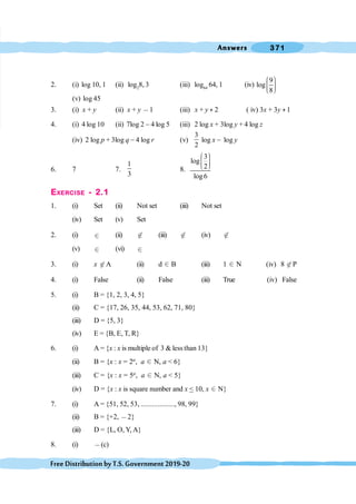 Answers 371
FreeDistributionbyT.S.Government2019-20
2. (i) log 10, 1 (ii) log2
8, 3 (iii) log64
64, 1 (iv)
9
log
8
æ ö
÷
ç ÷
ç ÷
ç
è ø
(v) log 45
3. (i) x + y (ii) x + y ,1 (iii) x + y + 2 ( iv) 3x + 3y + 1
4. (i) 4 log 10 (ii) 7log 2 - 4 log 5 (iii) 2 log x + 3log y + 4 log z
(iv) 2 log p + 3log q - 4 log r (v)
3
2
log x - log y
6. 7 7.
1
3
8.
3
log
2
log6
æ ö
÷
ç ÷
ç ÷
ç
è ø
EXERCISE - 2.1
1. (i) Set (ii) Not set (iii) Not set
(iv) Set (v) Set
2. (i) Î (ii) Ï (iii) Ï (iv) Ï
(v) Î (vi) Î
3. (i) x Ï A (ii) d Î B (iii) 1 Î N (iv) 8 Ï P
4. (i) False (ii) False (iii) True (iv) False
5. (i) B = {1, 2, 3, 4, 5}
(ii) C = {17, 26, 35, 44, 53, 62, 71, 80}
(iii) D = {5, 3}
(iv) E = {B, E, T, R}
6. (i) A = {x : x is multiple of 3 & less than 13}
(ii) B = {x : x = 2a, a Î N, a < 6}
(iii) C = {x : x = 5a, a Î N, a < 5}
(iv) D = {x : x is square number and x < 10, x Î N}
7. (i) A = {51, 52, 53, .................., 98, 99}
(ii) B = {+2, ,2}
(iii) D = {L, O, Y, A}
8. (i) ,(c)
 