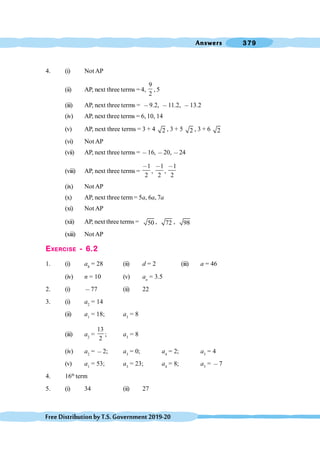 Answers 379
FreeDistributionbyT.S.Government2019-20
4. (i) Not AP
(ii) AP, next three terms = 4,
9
2
, 5
(iii) AP, next three terms = ,9.2, ,11.2, ,13.2
(iv) AP, next three terms = 6, 10, 14
(v) AP, next three terms = 3 + 4 2 , 3 + 5 2 , 3 + 6 2
(vi) Not AP
(vii) AP, next three terms = ,16, ,20, ,24
(viii) AP, next three terms =
1
2
,
,
1
2
,
,
1
2
,
(ix) Not AP
(x) AP, next three term= 5a, 6a, 7a
(xi) Not AP
(xii) AP, next three terms = 50 , 72 , 98
(xiii) Not AP
EXERCISE - 6.2
1. (i) a8
= 28 (ii) d = 2 (iii) a = 46
(iv) n = 10 (v) an
= 3.5
2. (i) ,77 (ii) 22
3. (i) a2
= 14
(ii) a1
= 18; a3
= 8
(iii) a2
=
13
2
; a3
= 8
(iv) a2
= ,2; a3
= 0; a4
= 2; a5
= 4
(v) a1
= 53; a3
= 23; a4
= 8; a5
= ,7
4. 16th
term
5. (i) 34 (ii) 27
 