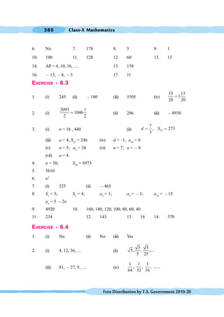 Class-X Mathematics
380
FreeDistributionbyT.S.Government2019-20
6. No 7. 178 8. 5 9. 1
10. 100 11. 128 12. 60 13. 13
14. AP = 4, 10, 16, .... 15. 158
16. ,13, ,8, ,3 17. 11
EXERCISE - 6.3
1. (i) 245 (ii) ,180 (iii) 5505 (iv)
33 13
1
20 20
<
2. (i)
2093 1
1046
2 2
< (ii) 286 (iii) ,8930
3. (i) n = 16 , 440 (ii) 13
7
, 273
3
d S
< <
(iii) a = 4, S12
= 246 (iv) d = –1, a10
= 8
(v) n = 5; a5
= 34 (vi) n = 7; a = ,8
(vii) a = 4
4. n = 38; S38
= 6973
5. 5610
6. n2
7. (i) 525 (ii) ,465
8. S1
= 3; S2
= 4; a2
= 1; a3
= ,1; a10
= ,15
an
= 5 ,2n
9. 4920 10. 160, 140, 120, 100, 80, 60, 40
11. 234 12. 143 13. 16 14. 370
EXERCISE - 6.4
1. (i) No (ii) No (iii) Yes
2. (i) 4, 12, 36, .... (ii)
5 5
5, , ,...
5 25
(iii) 81, ,27, 9, .... (iv)
1 1 1
, , , ......
64 32 16
 