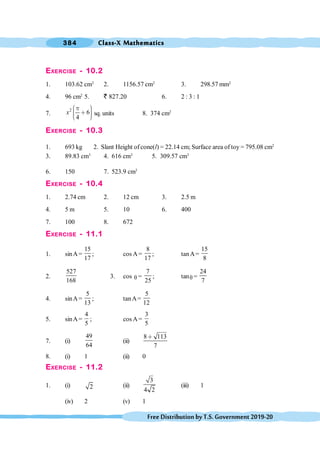 Class-X Mathematics
384
FreeDistributionbyT.S.Government2019-20
EXERCISE - 10.2
1. 103.62 cm2
2. 1156.57 cm2
3. 298.57 mm2
4. 96 cm2
5. ` 827.20 6. 2 : 3 : 1
7.
2
6
4
x
æ ö
ο ÷
ç ∗ ÷
ç ÷
ç
è ø
sq. units 8. 374 cm2
EXERCISE - 10.3
1. 693 kg 2. Slant Height of cone(l) = 22.14 cm; Surface area of toy = 795.08 cm2
3. 89.83 cm3
4. 616 cm3
5. 309.57 cm3
6. 150 7. 523.9 cm3
EXERCISE - 10.4
1. 2.74 cm 2. 12 cm 3. 2.5 m
4. 5 m 5. 10 6. 400
7. 100 8. 672
EXERCISE - 11.1
1. sinA=
15
17
; cos A=
8
17
; tanA=
15
8
2.
527
168
3. cos π =
7
25
; tanπ =
24
7
4. sinA=
5
13
; tanA=
5
12
5. sinA=
4
5
; cos A=
3
5
7. (i)
49
64
(ii)
8 113
7
∗
8. (i) 1 (ii) 0
EXERCISE - 11.2
1. (i) 2 (ii)
3
4 2
(iii) 1
(iv) 2 (v) 1
 
