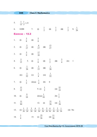 Class-X Mathematics
386
FreeDistributionbyT.S.Government2019-20
5. 1 1
, , 1, 0
13 3
6. 0.008 7. (i)
1
2
(ii)
1
2
(iii)
1
2
8.
1
26
EXERCISE - 13.2
1. (i)
3
8
(ii)
5
8
2. (i)
5
17
(ii)
4
17
(iii)
13
17
3. (i)
5
9
(ii)
17
18
4.
5
13
5. (i)
1
8
(ii)
1
2
(iii)
3
4
(iv) 1
6. (i)
1
26
(ii)
3
13
(iii)
1
26
(iv)
1
52
(v)
1
4
(vi)
1
52
7. (i)
1
5
(ii)(a)
1
4
(b) 0
8.
11
12
9. (i)
1
5
(ii)
15
19
10. (i)
9
10
(ii) (a)
1
10
(b)
1
5
11.
11
84
12. (i)
31
36
(ii)
5
36
13. (i)
1 2 3 4 5 6 5 4 3 2 1
, , , , , , , , , ,
36 36 36 36 36 36 36 36 36 36 36
(ii) No
14.
3
4
15. (i)
25
36
(ii)
11
36
 