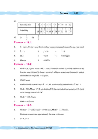 Answers 387
FreeDistributionbyT.S.Government2019-20
16.
Sum on2 dice 2 3 4 5 6 7 8 9 10 11 12
Probability
1
36
1
18
1
12
1
9
5
36
1
6
5
36
1
9
1
12
1
18
1
36
17. (i)
1
2
(ii)
1
2
EXERCISE - 14.1
1. 8.1 plants. We have used direct method because numericalvalues ofxi
and fi
are small.
2. ` 313 3. f = 20 4. 75.9
5. 22.31 6. ` 211 7. 0.099 ppm
8. 49 days 9. 69.43%
EXERCISE - 14.2
1. Mode = 36.8 years, Mean = 35.37 years, Maximumnumber ofpatientsadmitted in the
hospital are ofthe age 36.8 years (approx.), while on an average the age of a patient
admitted to the hospitalis 35.37 years.
2. 65.625 hours
3. Modal monthlyexpenditure = ` 1847.83, Mean monthlyexpenditure = ` 2662.5.
4. Mode : 30.6, Mean = 29.2. Most states/U.T. have a student teacher ratio of30.6 and
on an average, this ratio is 29.2.
5. Mode = 4608.7 runs.
6. Mode = 44.7 cars
EXERCISE - 14.3
1. Median = 137 units, Mean = 137.05 units, Mode = 135.76 units.
The three measures are approximatelythe same in thiscase.
2. x = 8, y = 7
 