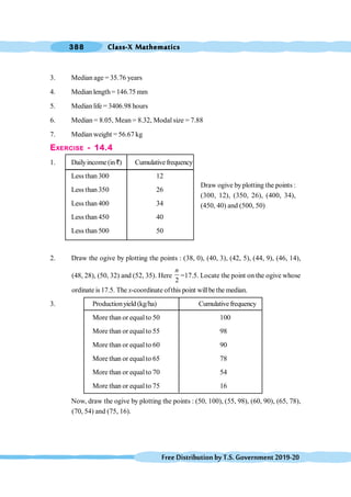 Class-X Mathematics
388
FreeDistributionbyT.S.Government2019-20
3. Median age = 35.76 years
4. Median length= 146.75 mm
5. Median life = 3406.98 hours
6. Median = 8.05, Mean = 8.32, Modal size = 7.88
7. Median weight = 56.67 kg
EXERCISE - 14.4
1. Dailyincome(in`) Cumulativefrequency
Less than 300 12
Less than 350 26
Less than 400 34
Less than 450 40
Less than 500 50
2. Draw the ogive by plotting the points : (38, 0), (40, 3), (42, 5), (44, 9), (46, 14),
(48, 28), (50, 32) and (52, 35). Here
2
n
=17.5. Locate the point on the ogive whose
ordinate is 17.5. The x-coordinate ofthis point willbe the median.
3. Productionyield (kg/ha) Cumulativefrequency
More than or equalto 50 100
More than or equalto 55 98
More than or equalto 60 90
More than or equalto 65 78
More than or equalto 70 54
More than or equalto 75 16
Now, draw the ogive by plotting the points : (50, 100), (55, 98), (60, 90), (65, 78),
(70, 54) and (75, 16).
Draw ogive byplotting the points :
(300, 12), (350, 26), (400, 34),
(450, 40) and (500, 50)
 