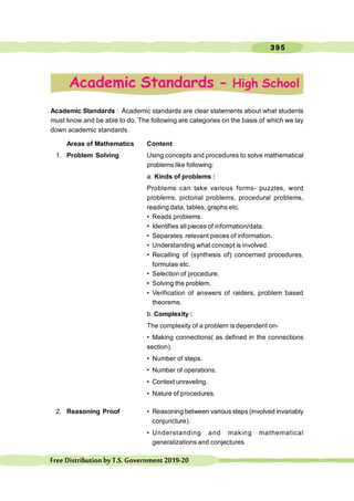 395
FreeDistributionbyT.S.Government2019-20
Academic Standards : Academic standards are clear statements about what students
must know and be able to do. The following are categories on the basis of which we lay
down academic standards.
Areas of Mathematics Content
1. Problem Solving Using concepts and procedures to solve mathematical
problems like following:
a. Kinds of problems :
Problems can take various forms- puzzles, word
problems, pictorial problems, procedural problems,
reading data, tables, graphs etc.
• Reads problems.
• Identifies all pieces of information/data.
• Separates relevant pieces of information.
• Understanding what concept is involved.
• Recalling of (synthesis of) concerned procedures,
formulae etc.
• Selection of procedure.
• Solving the problem.
• Verification of answers of raiders, problem based
theorems.
b. Complexity :
The complexity of a problem is dependent on-
• Making connections( as defined in the connections
section).
• Number of steps.
• Number of operations.
• Context unraveling.
• Nature of procedures.
2. Reasoning Proof • Reasoning between various steps (involved invariably
conjuncture).
• Understanding and making mathematical
generalizations and conjectures
Academic Standards - High School
 