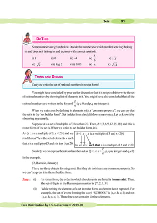31
Sets
FreeDistributionbyT.S.Government2019-20
DOTHIS
Somenumbersaregivenbelow. Decide thenumbersto whichnumbersetstheybelong
to and does not belong to and express with correct symbols.
i) 1 ii) 0 iii) -4 iv)
5
6
v) 1.3
vi) 2 vii) log 2 viii) 0.03 ix) p x) 4
-
THINK AND DISCUS
Canyou writethe set ofrationalnumbersinroster form?
Youmighthaveconcluded byyourearlier discussionthat itisnot possibleto write theset
of rational numbers byshowing list ofelements in it.You might have also concluded that allthe
rationalnumbers are writteninthe formof
p
q
(q¹ 0 and p,qare integers).
When wewrite a set bydefining its elements witha “common property”, we cansaythat
the set is in the “set builder form”. Set builder formshould follow somesyntax. Let usknowit by
observing anexample.
SupposeAis a set ofmultiples of 3 lessthan 20. Then,A={3,6,9,12,15,18} and this is
roster formofthe setA.Whenwe write its set builder form, it is
A={x : x is amultiple of 3, x < 20} and we
read this as “Ais the set ofelements xsuch
that x isa multiple of3 and x islessthan20.
Similarly,wecanexpresstherationalnumberssetas ¤={x:x=
p
q
,p,qareintegersandq¹ 0}
Intheexample,
{2, Ramesh, January}
There are three objects forming a set. But theydo not share anycommonproperty. So
we can’t express it in the set builder form.
Note : (i) In roster form, the order in which the elements are listed is immaterial. Thus,
the set ofdigits in the Ramanujamnumber is {7, 2, 1, 9}
(ii) Whilewritingtheelementsofaset inroster form,anelement isnot repeated.For
example, theset ofletters formingthe word “SCHOOL” is{s, c, h, o,l} and not
{s, c, h, o, o, l}. Therefore a set contains distinct elements.
A={ x : x is a multiple of 3 and x<20}
the set all x such that x is a multiple of 3 and x<20
 