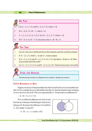 Class-XMathematics
40
FreeDistributionbyT.S.Government2019-20
DO THIS
1. Let A= {1, 3, 7, 8} and B = {2, 4, 7, 9}. Find AÇ B.
2. IfA= {6, 9, 11}; B = { }, find AÈ f .
3. A = {1, 2, 3, 4, 5, 6, 7, 8, 9, 10}; B = {2, 3, 5, 7}. Find A Ç B.
4. IfA= {4, 5, 6}; B = {7, 8} then show that AÈ B = B È A.
TRY THIS
1. List out some setsAand B and choose their elements such that Aand B are disjoint
2. If A= {2, 3, 5}, findAÈ f and f È Aand compare.
3. If A= {1, 2, 3, 4} and B ={1, 2, 3, 4, 5, 6, 7, 8}, thenfindAÈ B and AÇ B. What
do you noticeabout the result?
4. Let A= {1, 2, 3, 4, 5, 6} and B = {2, 4, 6, 8, 10}. Find the intersection ofAand B.
THINK AND DISCUSS
The intersection ofanytwo disjoint setsis a nullset. Justifyyour answer.
2.6.3 DIFFERENCE OF SETS
SupposeAis the set ofnatural numbers less than10 and B isthe set of evennumbers less
than 10. Ifwe consider theset ofodd numbers less than 10, then the elements inthe set belong
to set A, but not to the set B. This set is represented byA- B and read it asAdifference B
 A - B = {1, 3, 5, 7, 9}.
Now we define the difference set of setsAand
B asthe set ofelementswhich belong toAbut do not
belong to B. We denote the difference ofAand B by
A –B or simply“AminusB”.
A – B = {x : x Î A and x Ï B}.
A B
 