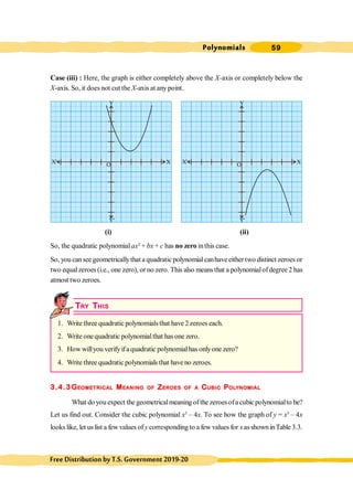 Polynomials 59
FreeDistributionbyT.S.Government2019-20
Case (iii) : Here, the graph is either completely above the X-axis or completely below the
X-axis. So, it does not cut the X-axis at any point.
(i) (ii)
So, the quadratic polynomial ax2
+ bx + c has no zero inthis case.
So, you can see geometricallythat a quadratic polynomial canhave either two distinct zeroes or
two equalzeroes (i.e., one zero), or no zero. This also means that a polynomialofdegree 2 has
atmost two zeroes.
TRY THIS
1. Write three quadratic polynomialsthat have 2 zeroes each.
2. Write onequadratic polynomialthat has one zero.
3. How willyou verifyifaquadratic polynomialhas onlyone zero?
4. Write three quadraticpolynomials that haveno zeroes.
3.4.3 GEOMETRICAL MEANING OF ZEROES OF A CUBIC POLYNOMIAL
What do you expect the geometricalmeaning of the zeroesofa cubic polynomialto be?
Let us find out. Consider the cubic polynomial x3
– 4x. To see how the graph of y = x3
– 4x
looks like, let us list a few values of y corresponding to a few values for x asshown inTable 3.3.
X' X
Y
Y'
O X' X
Y
Y'
O
 
