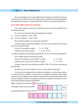 Class-X Mathematics
7 8
FreeDistributionbyT.S.Government2019-20
We cansee that there can be manypossible valuesfor the price ofa notebook and ofa pen
so that thetotalcost is `80. So, how do we find theprice at which SiriandLaxmibought them?
Byusing onlySiri's situation, wecannot find the costs.We have to use Laxmi's situation also.
4.1.2 USING BOTH EQUATIONS TOGETHER
Laxmi also bought the same types of notebooks and pens as Siri. She paid `110 for 4
notebooks and 3 pens.
So, we have two situations which can berepresented as follows:
(i) Cost of 3 notebooks + 2 pens = `80.
(ii) Cost of 4 notebooks + 3 pens = `110.
Does this help us find the cost of a penand a notebook?
Consider the prices mentioned by Rubina. If the price of one notebook is `25 and the
price of one pen is `2.50 then,
The cost of4 notebooks would be : 4 × 25 = `100
And the cost for 3 pens would be : 3 × 2.50 = `7.50
If Rubina is right then Laxmi should have paid `100 + `7.50 = ` 107.50 but she paid `110.
Now, consider theprices mentioned byJoseph.
The cost of 4 notebooks, if one is for `16, would be : 4 × 16 = ` 64
And the cost for 3pens, ifone is for `16, would be : 3 × 16 = ` 48
IfJoseph is right thenLaxmishould have paid `64 + `48 = `112 but this is more than the
price she paid.
So what do we do? How to find the exact cost of the notebook and the pen?
Ifwe have onlyone equation but two unknowns (variables), we canfind manysolutions.
So, whenwe have two variables, we need at least two independent equations to get a unique
solution. One wayto find the valuesofunknownquantities isbyusing the Modelmethod. Inthis
method, rectangles or portions of rectangles are often used to represent the unknowns. Let us
look at the first situationusingthe modelmethod:
Step-1 : Represent a notebook by and a pen by .
Siribought 3 books and 2 pens for `80.
Laxmibought 4 books and 3 pens for `110.
D80
D110
 