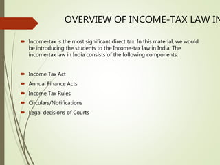 OVERVIEW OF INCOME-TAX LAW IN
 Income-tax is the most significant direct tax. In this material, we would
be introducing the students to the Income-tax law in India. The
income-tax law in India consists of the following components.
 Income Tax Act
 Annual Finance Acts
 Income Tax Rules
 Circulars/Notifications
 Legal decisions of Courts
 
