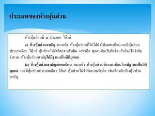 ประเภทของห้างหุ้นส่วน
ห้างหุ้นส่วนมี ๓ ประเภท ได้แก่
๑) ห้างหุ้นส่วนสามัญ หมายถึง ห้างหุ้นส่วนที่ไม่ได้นาไปจดทะเบียนและมีหุ้นส่วน
ประเภทเดียว ได้แก่ หุ้นส่วนไม่จากัดความรับผิด กล่าวคือ ทุกคนต้องรับผิดร่วมกันโดยไม่จากัด
จานวน ห้างหุ้นส่วนสามัญไม่มีฐานะเป็นนิติบุคคล
๒) ห้างหุ้นส่วนสามัญจดทะเบียน หมายถึง ห้างหุ้นส่วนที่จดทะเบียนโดยมีฐานะเป็นนิติ
บุคคล และมีหุ้นส่วนประเภทเดียว ได้แก่ หุ้นส่วนไม่จากัดความรับผิด เช่นเดียวกับห้างหุ้นส่วน
สามัญ
 