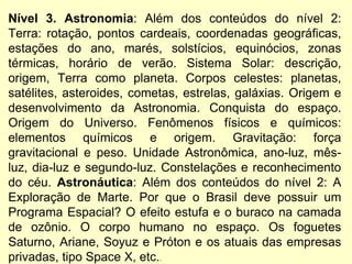 Nível 3. Astronomia: Além dos conteúdos do nível 2:
Terra: rotação, pontos cardeais, coordenadas geográficas,
estações do ano, marés, solstícios, equinócios, zonas
térmicas, horário de verão. Sistema Solar: descrição,
origem, Terra como planeta. Corpos celestes: planetas,
satélites, asteroides, cometas, estrelas, galáxias. Origem e
desenvolvimento da Astronomia. Conquista do espaço.
Origem do Universo. Fenômenos físicos e químicos:
elementos químicos e origem. Gravitação: força
gravitacional e peso. Unidade Astronômica, ano-luz, mês-
luz, dia-luz e segundo-luz. Constelações e reconhecimento
do céu. Astronáutica: Além dos conteúdos do nível 2: A
Exploração de Marte. Por que o Brasil deve possuir um
Programa Espacial? O efeito estufa e o buraco na camada
de ozônio. O corpo humano no espaço. Os foguetes
Saturno, Ariane, Soyuz e Próton e os atuais das empresas
privadas, tipo Space X, etc..
 