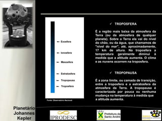 Fonte: Observatório Nacional
 TROPOSFERA
É a região mais baixa da atmosfera da
Terra (ou da atmosfera de qualquer
planeta). Sobre a Terra ela vai do nível
do chão, ou da água, que chamamos de
"nível do mar", até, aproximadamente,
17 km de altura. Na troposfera a
temperatura geralmente diminui à
medida que a altitude aumenta. O clima
e as nuvens ocorrem na troposfera.
 TROPOPAUSA
É a zona limite, ou camada de transição,
entre a troposfera e a estratosfera da
atmosfera da Terra. A tropopausa é
caracterizada por pouca ou nenhuma
mudança na temperatura à medida que
a altitude aumenta.
 