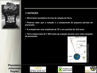  NUTAÇÃO
 Movimento oscilatório do eixo de rotação da Terra.
 Pode-se dizer que a nutação é a componente de pequeno período da
precessão.
 A nutação tem uma amplitude de 18'' e um período de 18,6 anos.
 Terra realiza mais de 1 300 ciclos de nutação durante uma volta completa
de precessão.
Fonte:www.google.com.br/imagens
 