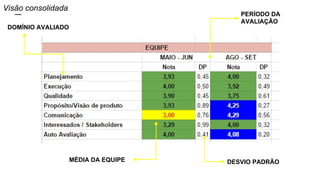 DOMÍNIO AVALIADO
MÉDIA DA EQUIPE DESVIO PADRÃO
PERÍODO DA
AVALIAÇÃO
Visão consolidada
 
