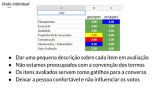 ● Dar uma pequena descrição sobre cada item em avaliação
● Não estamos preocupados com a convenção dos termos
● Os itens avaliados servem como gatilhos para a conversa
● Deixar a pessoa confortável e não influenciar os votos
Visão individual
 