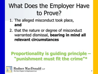What Does the Employer Have
to Prove?
1. The alleged misconduct took place,
and
2. that the nature or degree of misconduct
warranted dismissal, bearing in mind all
relevant circumstances
Proportionality is guiding principle –
“punishment must fit the crime”*
7
 