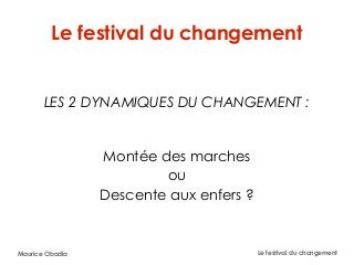 Maurice Obadia Le festival du changement
Le festival du changement
LES 2 DYNAMIQUES DU CHANGEMENT :
Montée des marches
ou
Descente aux enfers ?
 