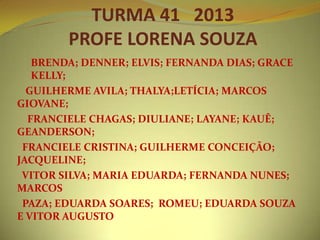 TURMA 41 2013
PROFE LORENA SOUZA
BRENDA; DENNER; ELVIS; FERNANDA DIAS; GRACE
KELLY;
GUILHERME AVILA; THALYA;LETÍCIA; MARCOS
GIOVANE;
FRANCIELE CHAGAS; DIULIANE; LAYANE; KAUÊ;
GEANDERSON;
FRANCIELE CRISTINA; GUILHERME CONCEIÇÃO;
JACQUELINE;
VITOR SILVA; MARIA EDUARDA; FERNANDA NUNES;
MARCOS
PAZA; EDUARDA SOARES; ROMEU; EDUARDA SOUZA
E VITOR AUGUSTO

 