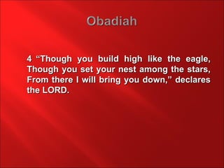 4 “Though you build high like the eagle,
Though you set your nest among the stars,
From there I will bring you down,” declares
the LORD.
 