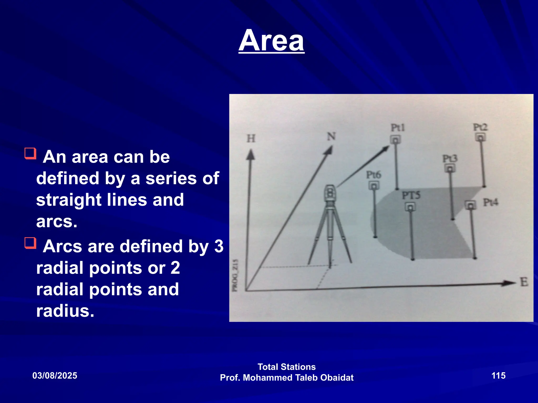 Total Stations
Prof. Mohammed Taleb Obaidat
03/08/2025 115
Area
 An area can be
defined by a series of
straight lines and
arcs.
 Arcs are defined by 3
radial points or 2
radial points and
radius.
 