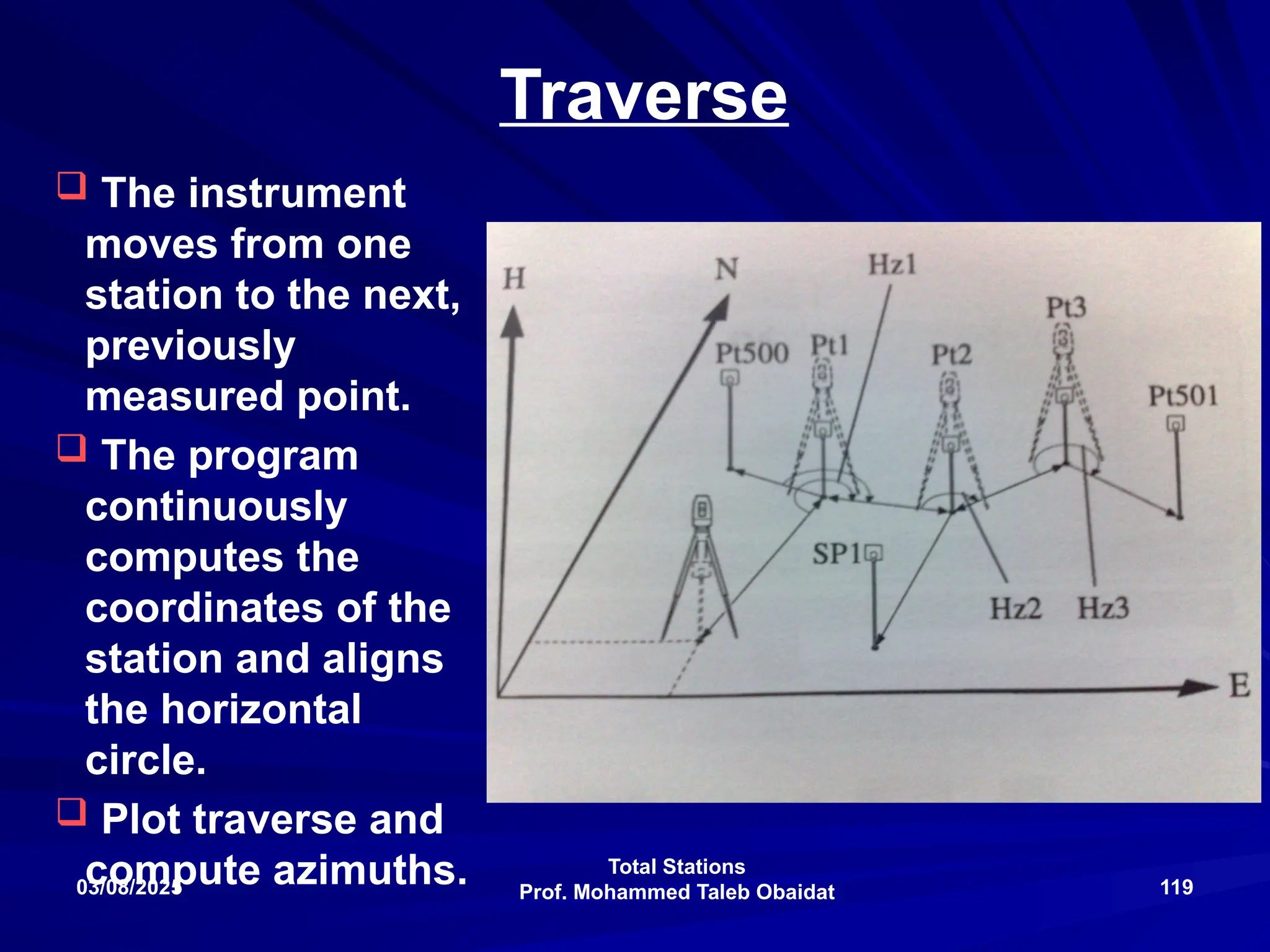Total Stations
Prof. Mohammed Taleb Obaidat
03/08/2025 119
Traverse
 The instrument
moves from one
station to the next,
previously
measured point.
 The program
continuously
computes the
coordinates of the
station and aligns
the horizontal
circle.
 Plot traverse and
compute azimuths.
 