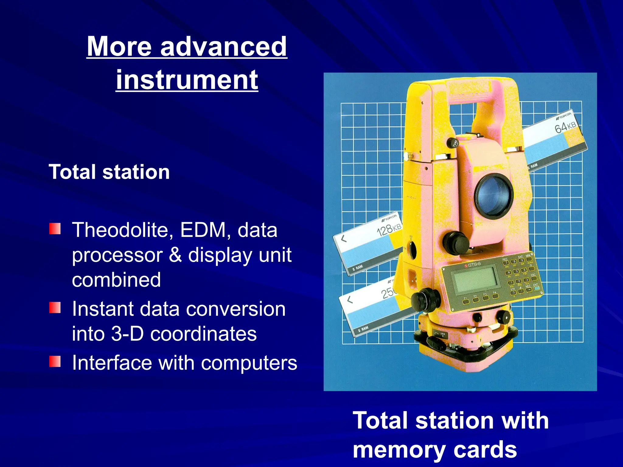 More advanced
instrument
Total station
Theodolite, EDM, data
processor & display unit
combined
Instant data conversion
into 3-D coordinates
Interface with computers
Total station with
memory cards
 