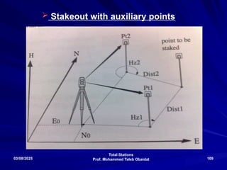 Total Stations
Prof. Mohammed Taleb Obaidat
03/08/2025 109
 Stakeout with auxiliary points
 