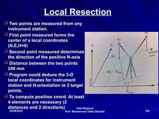 Total Stations
Prof. Mohammed Taleb Obaidat
03/08/2025 120
Local Resection
 Two points are measured from any
instrument station.
 First point measured forms the
center of a local coordinates
(N,E,H=0)
 Second point measured determines
the direction of the positive N-axis
 Distance between the two points
≥50 mm
 Program could deduce the 3-D
local coordinates for instrument
station and H-orientation to 2 target
points.
 To compute position coord. At least
4 elements are necessary (2
distances and 2 directions)
 