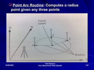 Total Stations
Prof. Mohammed Taleb Obaidat
03/08/2025 134
 Point Arc Routine: Computes a radius
point given any three points
 