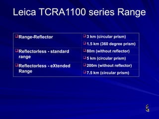Leica TCRA1100 series Range
Range-Reflector 3 km (circular prism)
1.5 km (360 degree prism)
Reflectorless - standard
range
80m (without reflector)
5 km (circular prism)
Reflectorless - eXtended
Range
200m (without reflector)
7.5 km (circular prism)
 