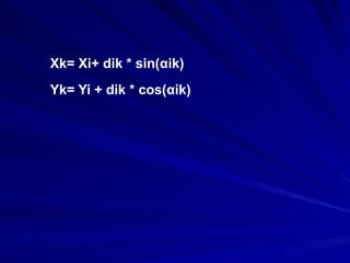 Xk= Xi+ dik * sin(αik)
Yk= Yi + dik * cos(αik)
 