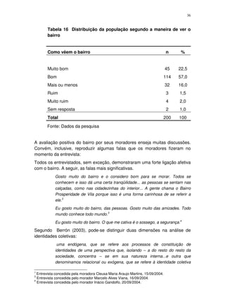 36
Tabela 16 Distribuição da população segundo a maneira de ver o
bairro
Como vêem o bairro n %
Muito bom 45 22,5
Bom 114 57,0
Mais ou menos 32 16,0
Ruim 3 1,5
Muito ruim 4 2,0
Sem resposta 2 1,0
Total 200 100
Fonte: Dados da pesquisa
A avaliação positiva do bairro por seus moradores enseja muitas discussões.
Convém, inclusive, reproduzir algumas falas que os moradores fizeram no
momento da entrevista:
Todos os entrevistados, sem exceção, demonstraram uma forte ligação afetiva
com o bairro. A seguir, as falas mais significativas.
Gosto muito do bairro e o considero bom para se morar. Todos se
conhecem e isso dá uma certa tranqüilidade... as pessoas se sentam nas
calçadas, como nas cidadezinhas do interior... A gente chama o Bairro
Prosperidade de Vila porque isso é uma forma carinhosa de se referir a
ele.3
Eu gosto muito do bairro, das pessoas. Gosto muito das amizades. Todo
mundo conhece todo mundo.3
Eu gosto muito do bairro. O que me cativa é o sossego, a segurança.4
Segundo Berrón (2003), pode-se distinguir duas dimensões na análise de
identidades coletivas:
uma endógena, que se refere aos processos de constituição de
identidades de uma perspectiva que, isolando – a do resto do resto da
sociedade, concentra – se em sua natureza interna...e outra que
denominamos relacional ou exógena, que se refere à identidade coletiva
3
Entrevista concedida pela moradora Cleusa Maria Araujo Martins, 15/09/2004.
3
Entrevista concedida pelo morador Marcelo Alves Viana, 16/09/2004.
4
Entrevista concedida pelo morador Inácio Gandolfo, 20/09/2004.
 
